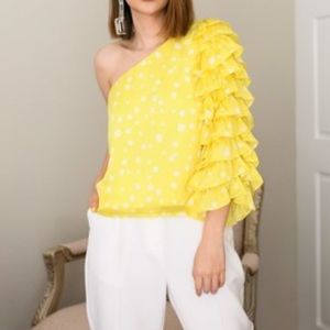 NWT The Drop Yellow & White Dotted One Shoulder Blouse